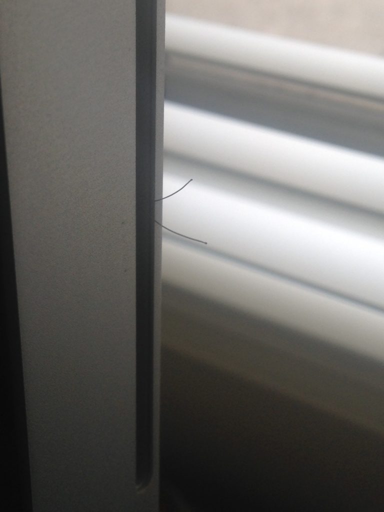 Two beard hairs protruding from the side of an iMac